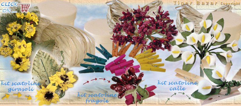 modelli originali scatoline di legno rafia kit girasoli foglie, fragole e mollette colorate, calle e pinza legno