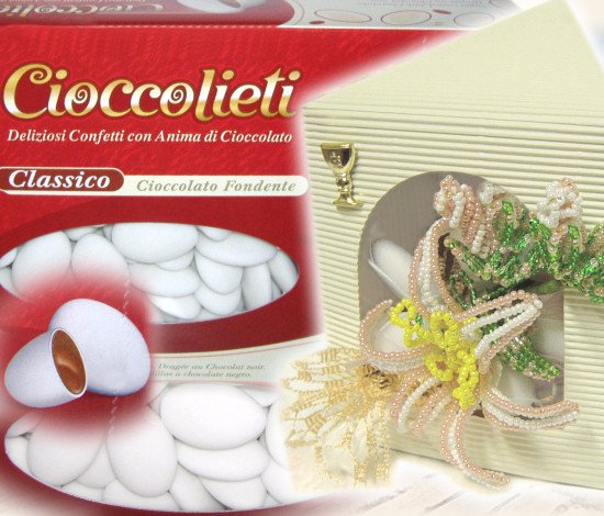 scatoline di cartoncino foglie porta confetti e gigli fiori di perline esempio di bomboniere per matrimonio, Prima Comunione negozio on-line