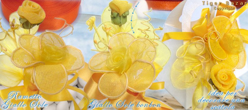 bonbon rametto fiori giallo sole per decorazioni scatole di carta, segnaposto e bomboniere