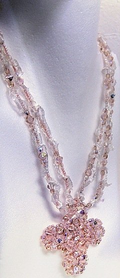 Croce perline rosa cristallo nastro tubolare di metallo per collana argento