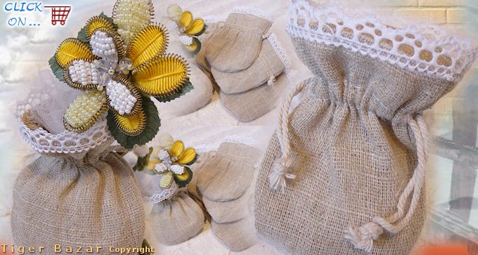 sacchetto portaconfetti di iuta grezza bordo pizzo bianco con decorazione fai-da-te fiori di perline e filo mouliné