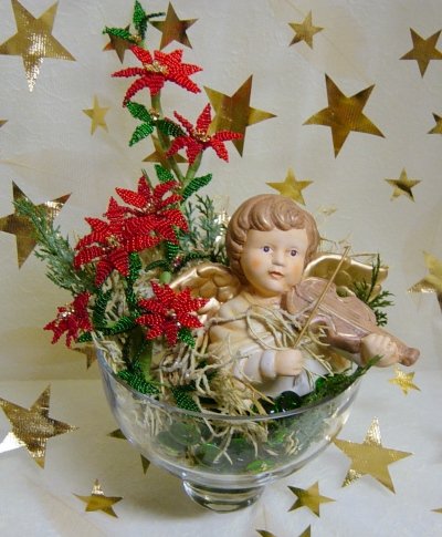 stelle Natale perline composizione in centrotavola con angioletto rami abete biglie colorate