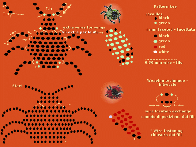 schemi per fare 2 modelli di animaletti di perline-bigiotteria con le tecniche dell'intreccio-tessitura