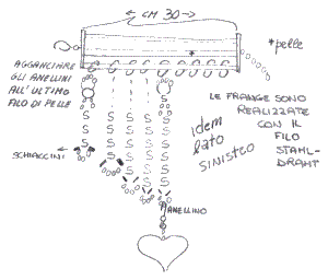 schema grafico creare collana Sogno con fili di pelle, anellini schiaccini, frange di stahldraht, ciondolo cuore